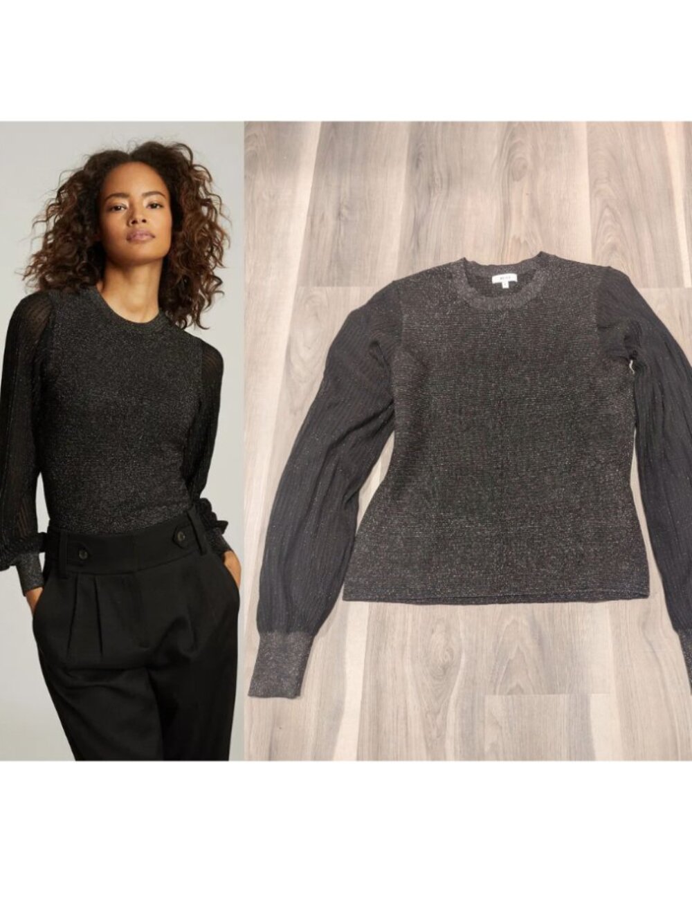 REISS | Stella Metallic Semi Sheer Sleeve Top In Black